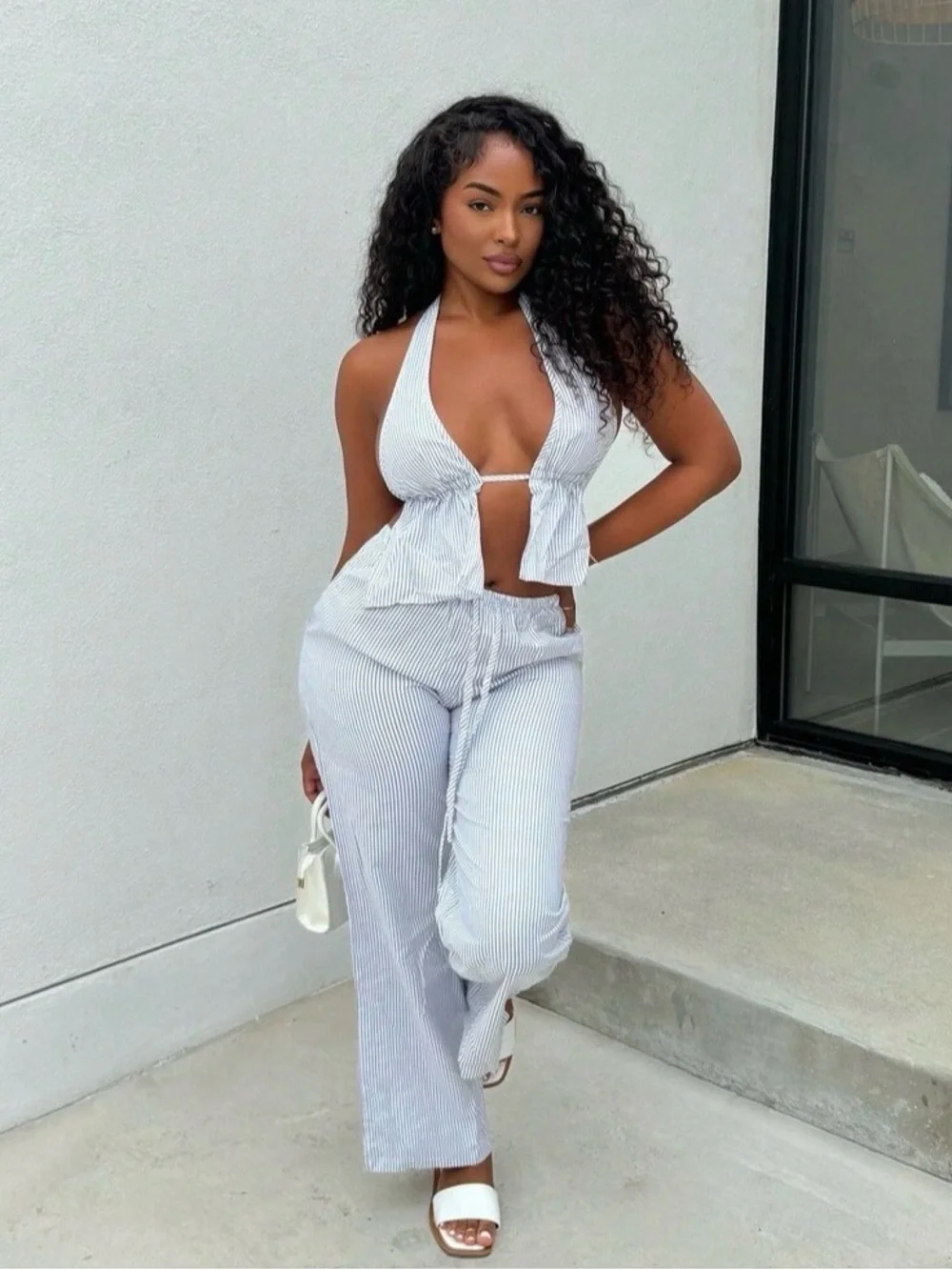 Striped Halter Jumpsuit - White/Light Blue